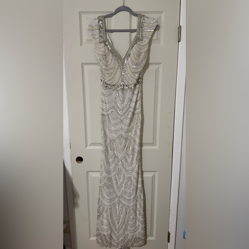 Mac Duggal White and Silver Beaded Dress